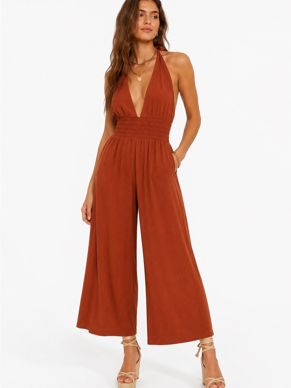Dress Forum Halter Wide Leg Jumpsuit Smocked Waist Boho Rust Brown Small
CKBO53